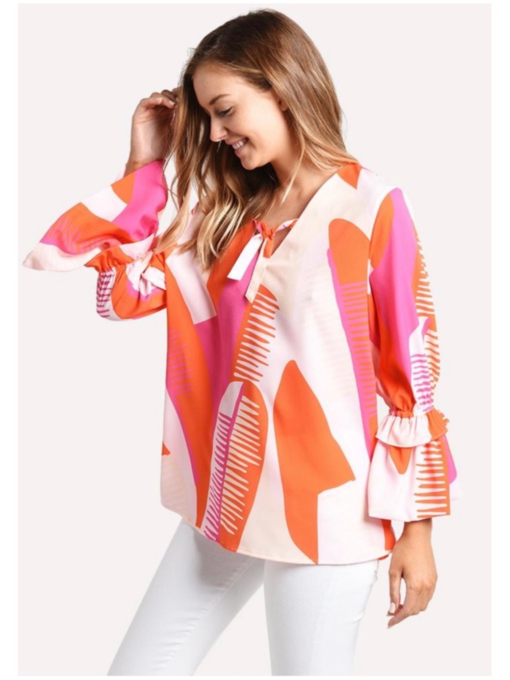 Crosby Mollie Burch Women’s Sz L Orange Pink Print Loren Blouse Top Ruffle Cuffs